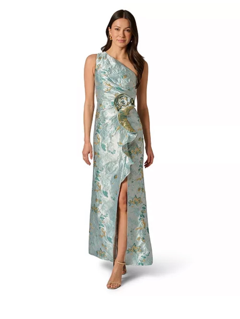 Asymmetric One-Shoulder Floral Jacquard Evening Dress in Mint